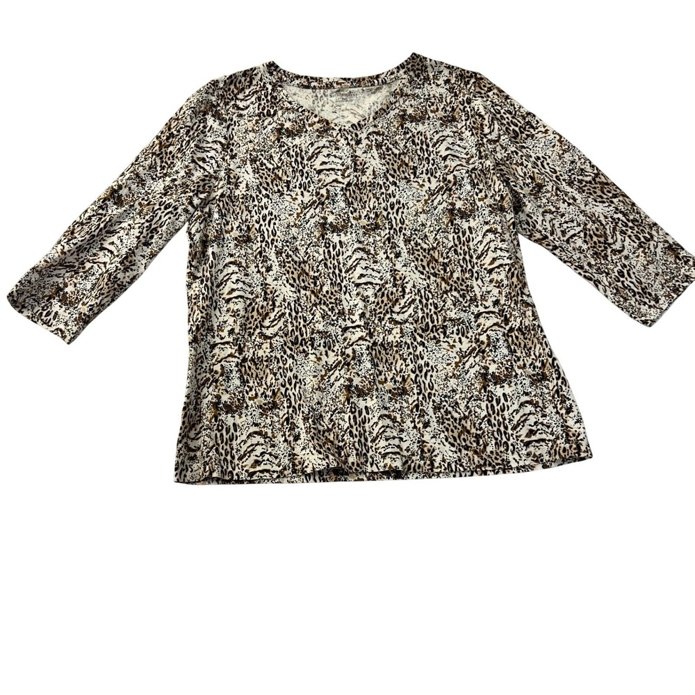 Studio Works Petite PM Animal Print Cotton 3/4 Sleeve V-Neck Top Brown Black